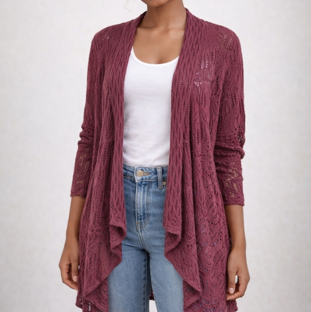 Woman Within Sweater Long Cardigan Mauve Open Knit Sz M (14/16) Cottagecore